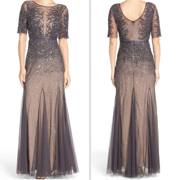 NWT ADRIANNA PAPELL SEQUIN BEADED GOWN GUNMETAL GRAY NUDE GODDESS MAXI - Picture 1 of 15